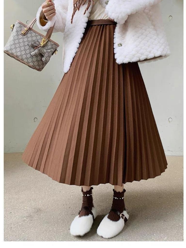 Pleated Midi Skirt, Wool-blend, Thick and Flowing, Solid Color Slimming A-line Silhouette