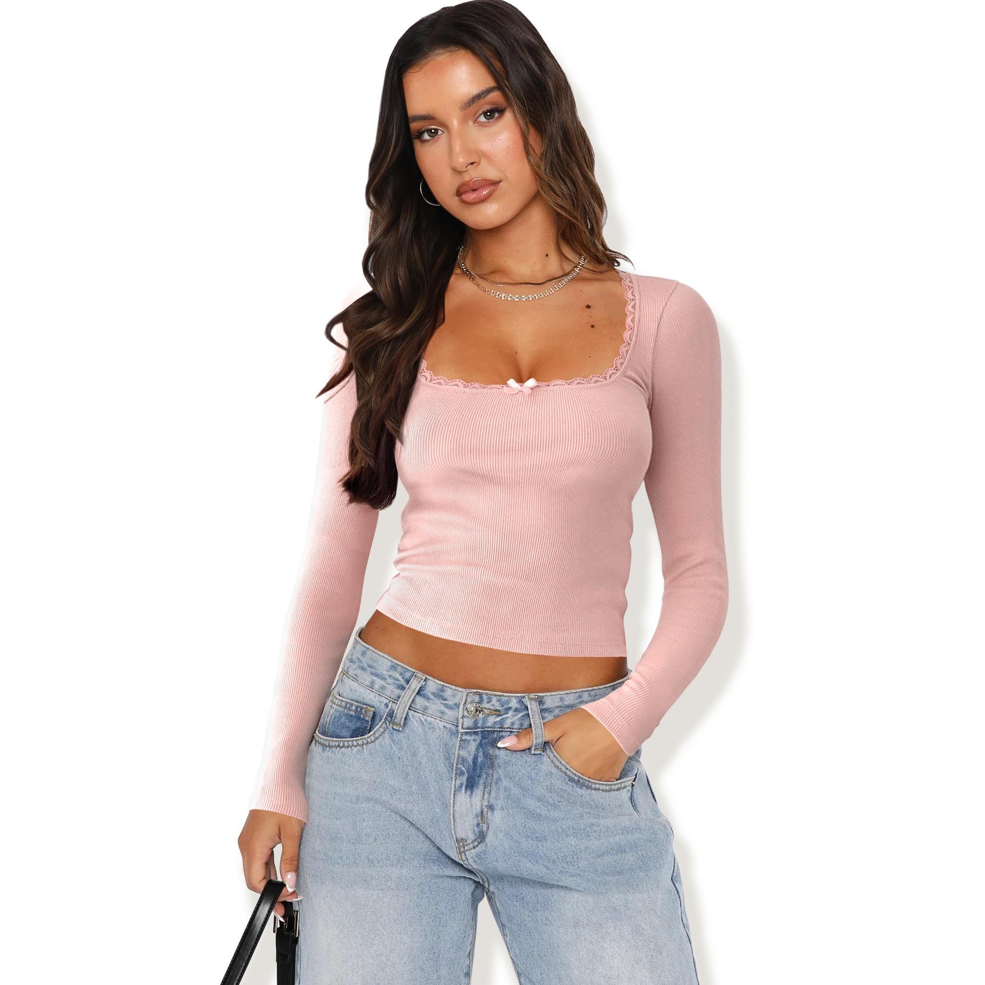 

GMXIA Футболка с длинным рукавом, женская, утягивающая, кружевная, пэчворк, топ Spice Girl, U-образный вырез, базовая рубашка XL