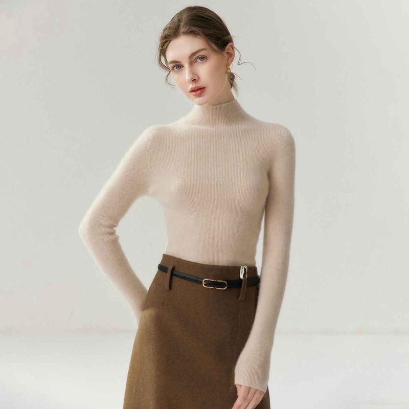 Women's Pure Cashmere Slim-Fit Sweater, Half-High Neck, Knit Base Layer, Autumn/Winter Collection