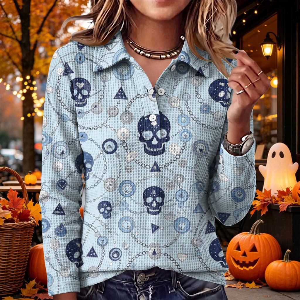 Women's Halloween Print Knit Long Sleeve Top with Lapel Collar