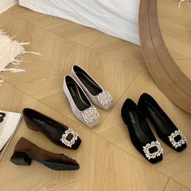 French Xiaoxiangfeng rhinestone square buckle single shoes women's spring 2025 new thick heel square heel soft sole shallow mouth single shoes