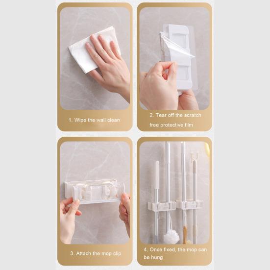 Mop Holder Double-ended Mop Clip Punch-free Broom Rack Space Saving Bathroom Organizer with Hook for Home