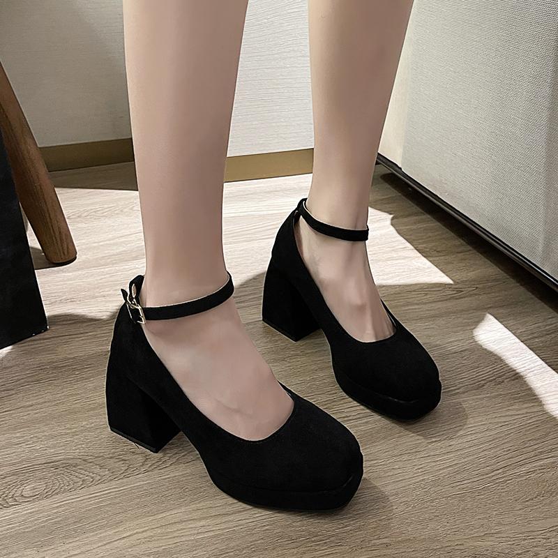Fashion Women's New Autumn Coarse Heel Single Shoes Round Head Shallow Mouth Suede Thick Sole Anti-slip Wear-resistant High Heels