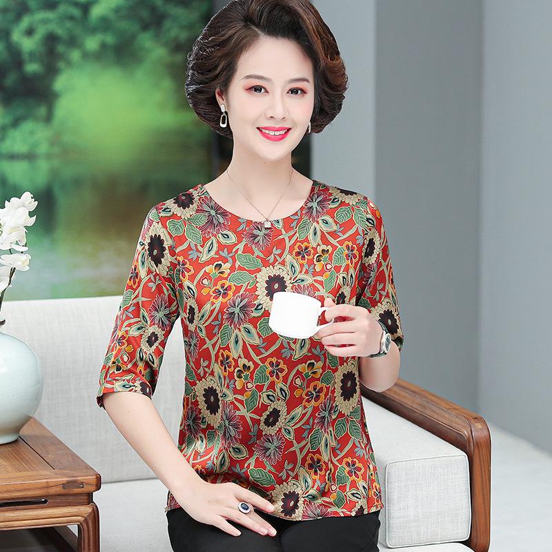 

Mom s Silk Short-Sleeve Xiangyunsha Blouse: Stylish Summer Print for Middle-Aged & Elderly 3XL (120-135 jin) красный