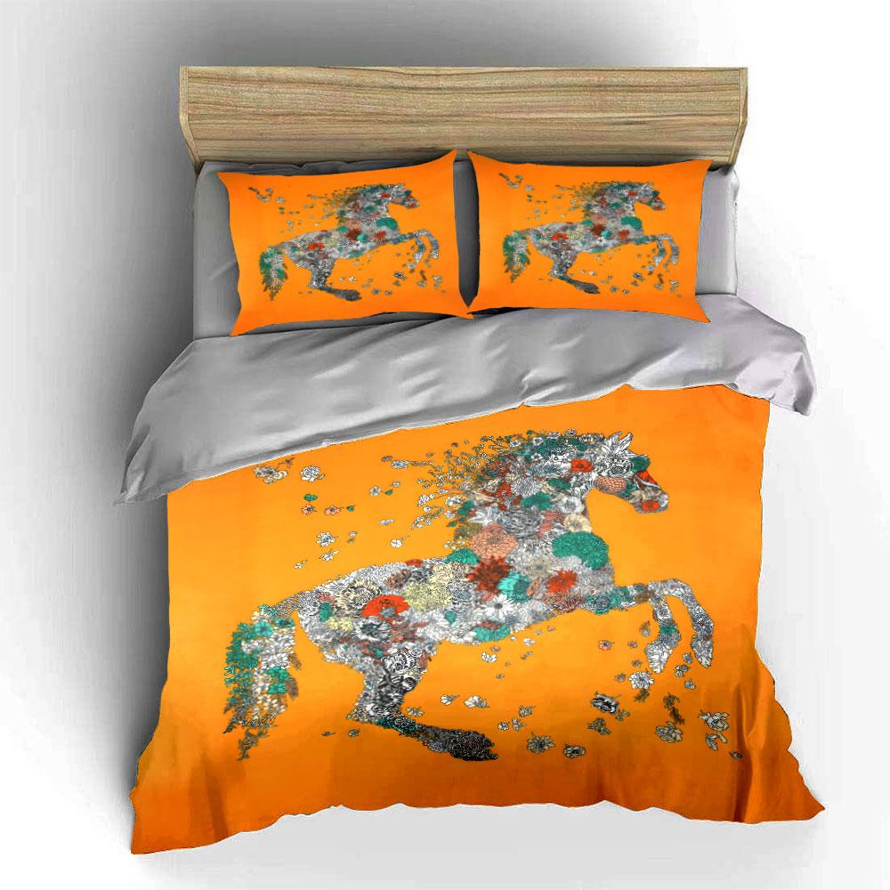 Floral Horse Art Set Decor Soft Skin-Friendly Bedding Set Includes 1 Duvet Cover And 2 Pillowcase Gift
