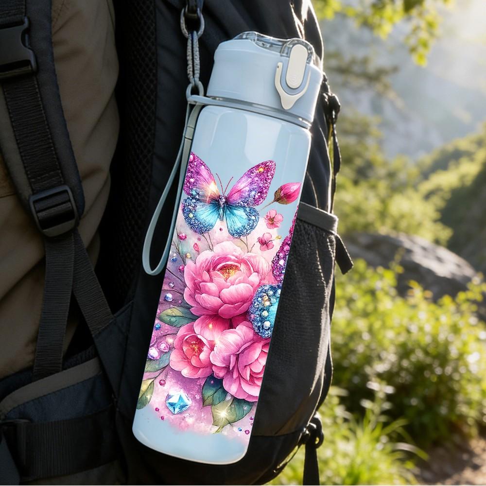 1PC Pink Rose Boho Floral Bouquet Art 750ml Color Plastic Sports Water Bottle Leakproof Flip Straw Lid Suitable for Sports Office Home Use