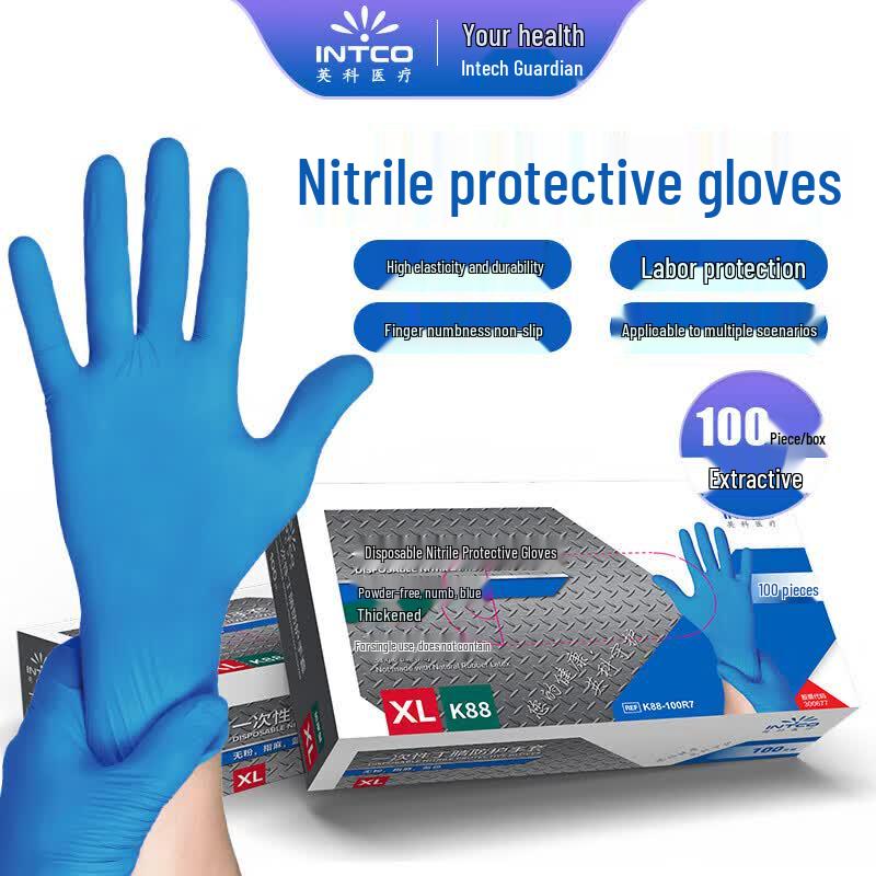 INTCO K88 Thickened Disposable Nitrile Gloves, Blue, 100 Count