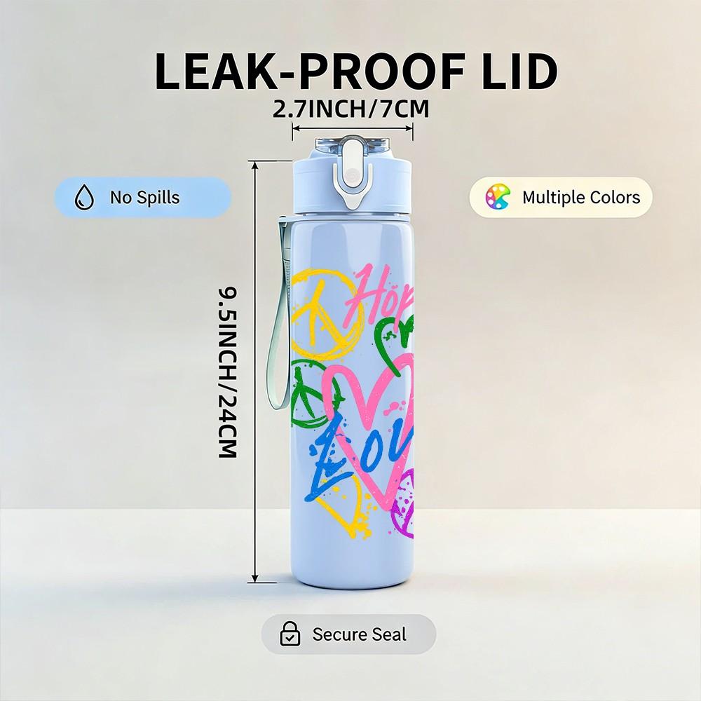 1PC Hope Love Peace Colorful Letter Print 750ml Color Plastic Sports Water Bottle Leakproof Flip Straw Lid Suitable for Sports Office Home Use