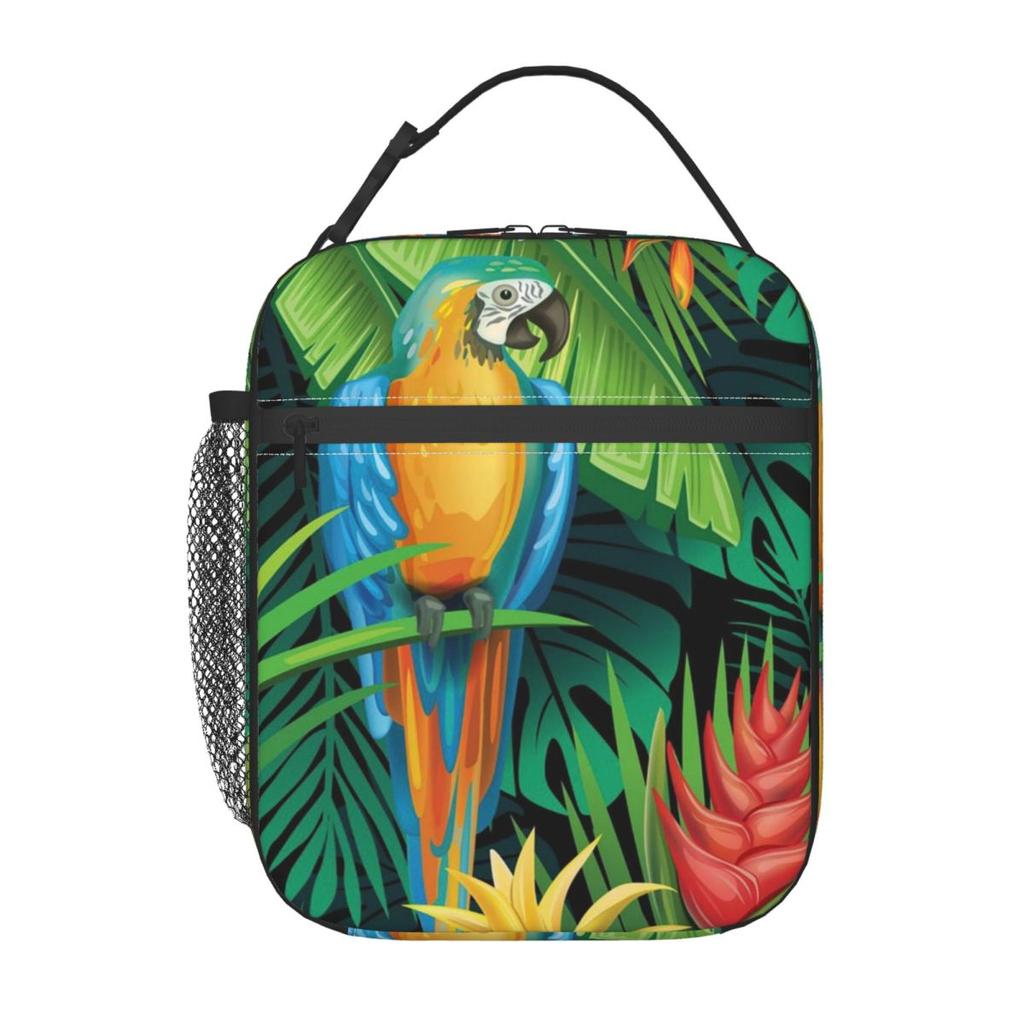 Tropisches A-Wald-Papageien-Design Isolierte Lunchtasche für Damen Kinder Tragbare Lebensmittelboxen Thermische Lunchbox Tragetasche