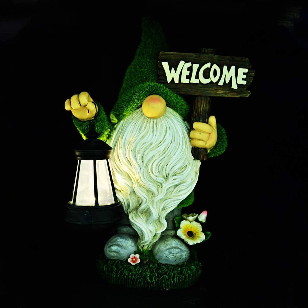 Gardening Ornament - Solar Light Garden Ornament - Earth Fairy with Long Beard - Solar Rechargeable - Resin - Waterproof - Suitable for Lawns, Entranc