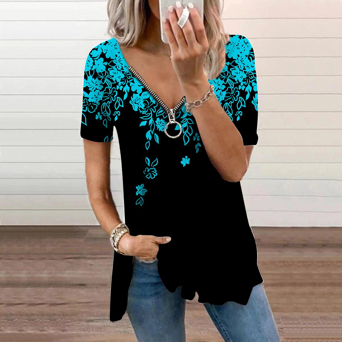 

Женский топ, летний новый модный белый топ с изогнутыми цветами и принтом, повседневный топ на молнии с v-образным вырезом и короткими рукавами 8XL светло-синий