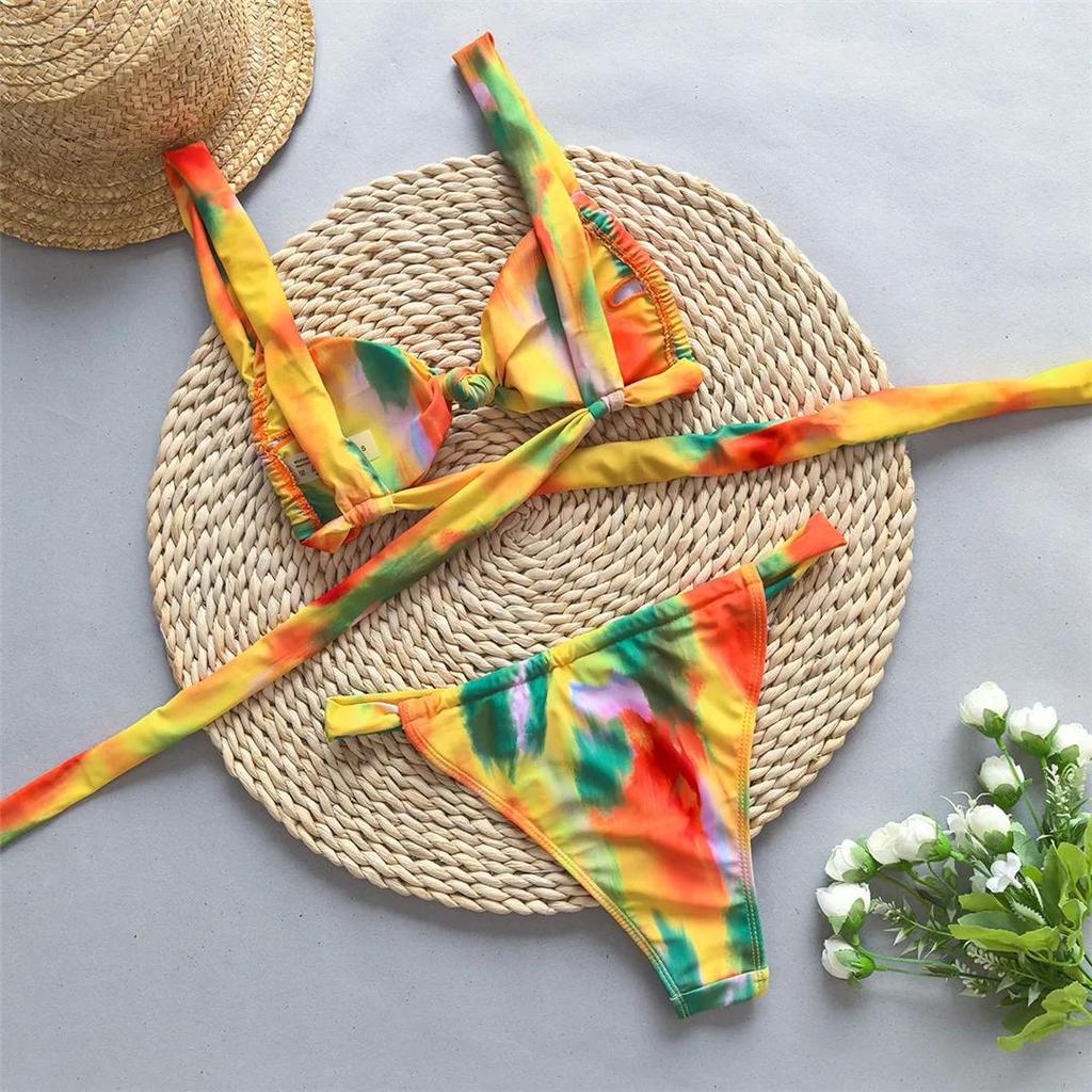 Tie Dye Flowers Printed High Leg Cut Bikini Female Swimsuit Women Swimwear Two-pieces Bikini set Bather Bathing Suit Swim