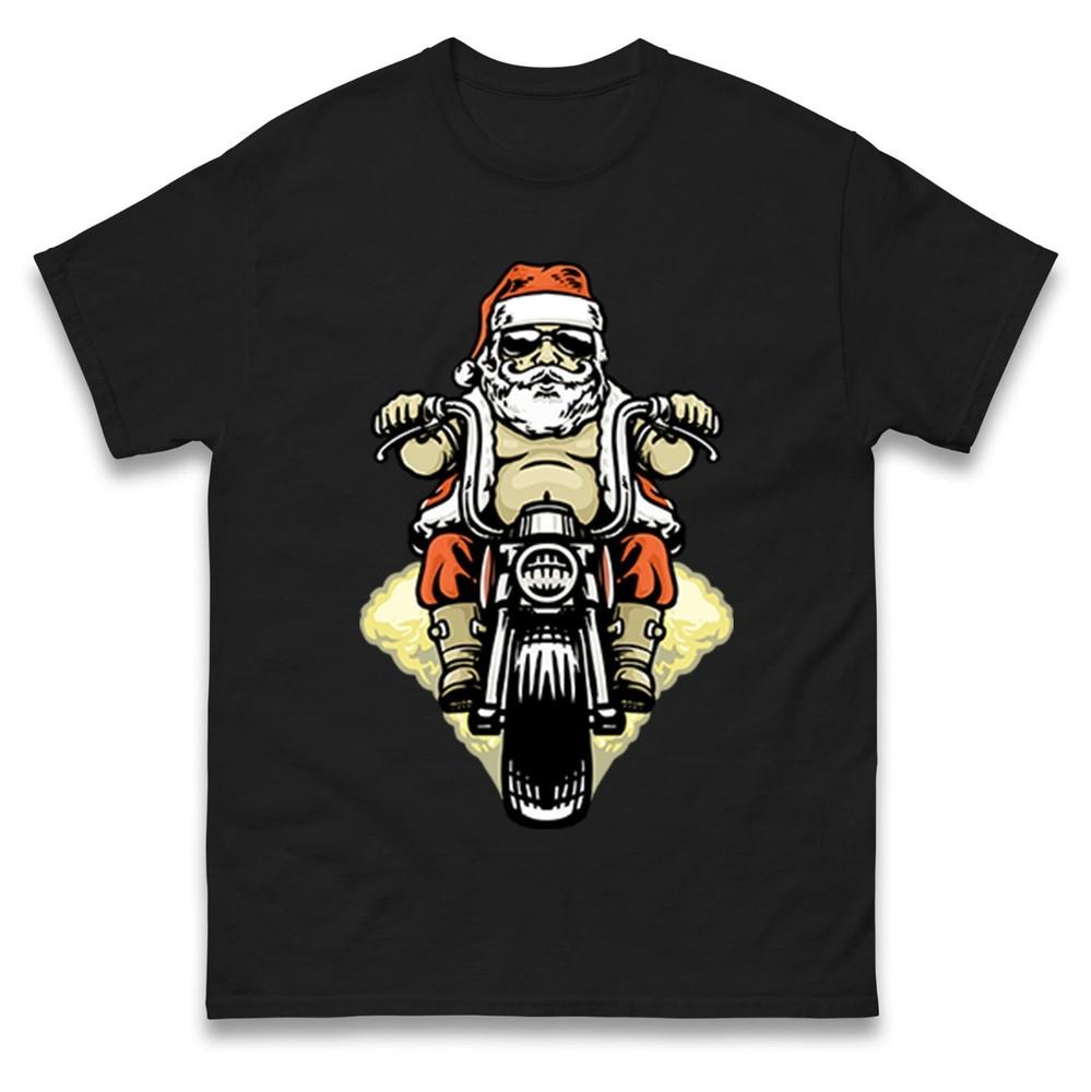 Santa Biker Christmas Tshirt Funny Cool Motorbike Rider Xmas Family Tee Top