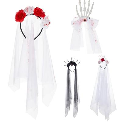 Halloweenowy Welon Czarny Welon Dzień Zmarłych Przerażające Nakrycie Głowy z Gałką Oczną Różana Opaska do Włosów Krwawy Welon