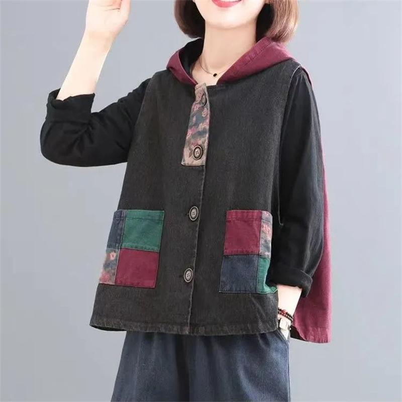 Women's Denim Vest Coat Spring Summer Suit Collar Retro Ladies Cowboy Vest Mid Length Version Loose Lady Vest
