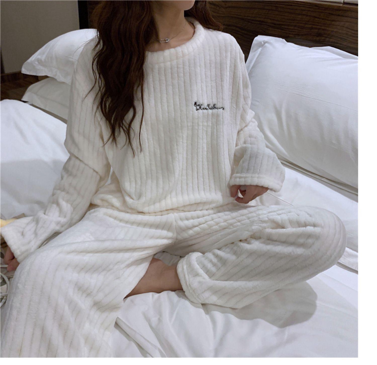 

Осенние женские однотонные теплые комплекты из 2 предметов, утолщенный бархатный ребристый флисовый комплект, пуловер и брюки, женские повседневные домашние комплекты One size белый