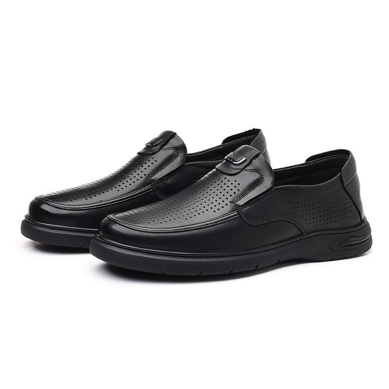 Cool leather shoes men's leather soft sole summer comfortable and breathable dress business men's shoes round head hollow casual hole hole men's shoes
