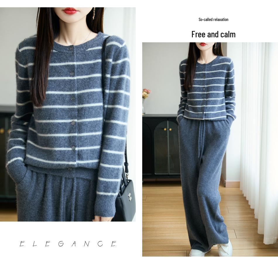 2025 Autumn Striped Wool Round Neck Cardigan - Soft, Fluffy, Age-Reducing Knitwear Sweater Coat.