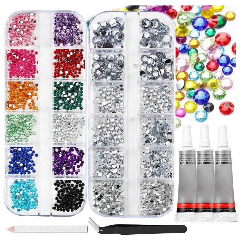 12 Color Transparent Nail Art Rhinestones Kit With 6 Shapes For DIY Manicure Includes Tweezers And 3 Glues