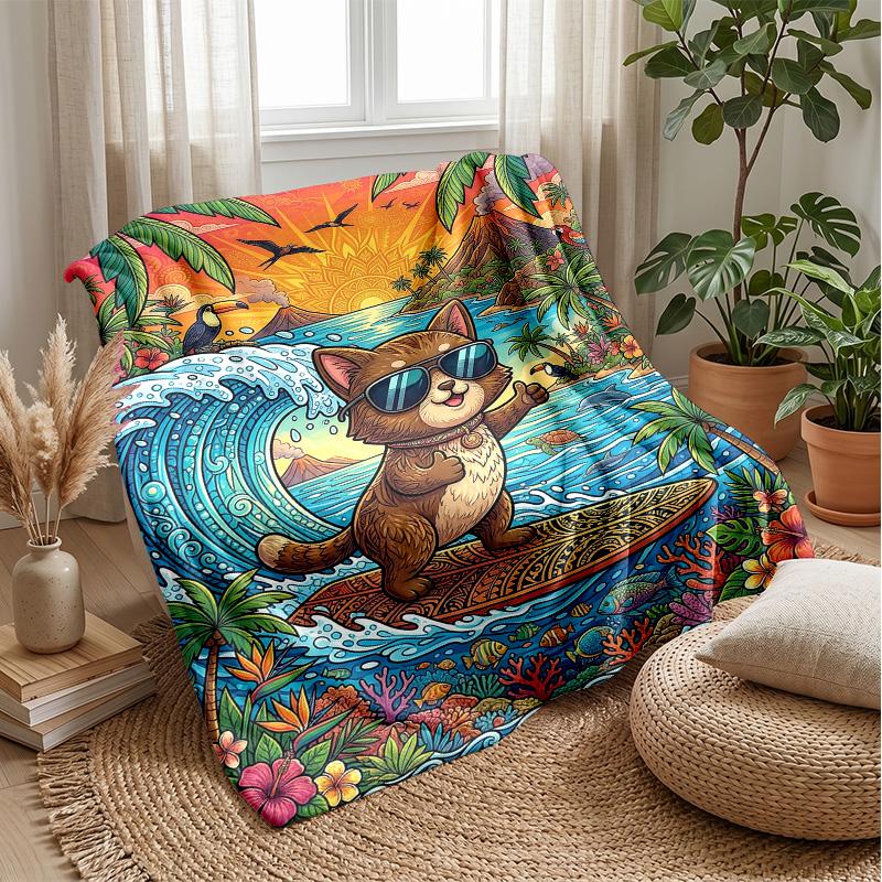 Surfing Cat Adventure 2 Theme blanket Lightweight Warm Flannel Blanket Decorative Throw Blanket for Home Decoration
