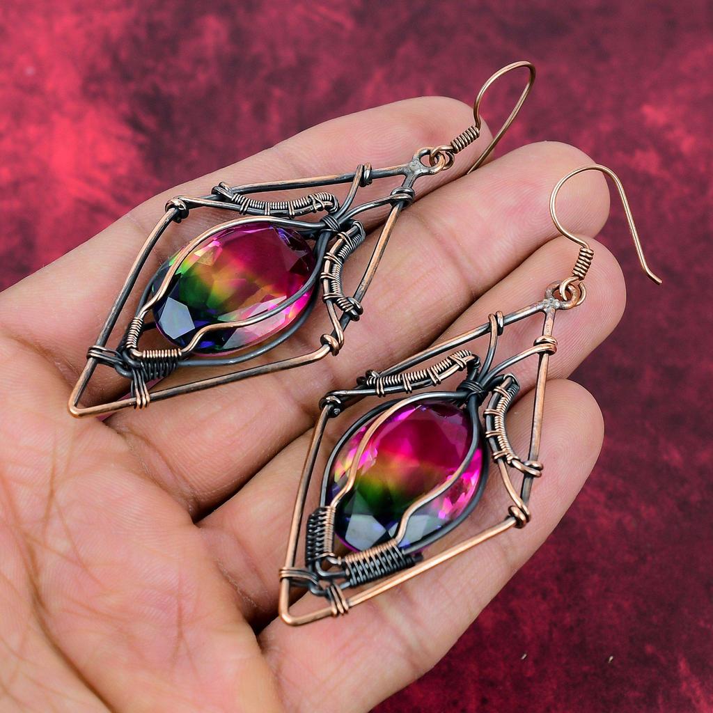 Faceted Multi Tourmaline Earring Copper Wire Wrapped Earrings Handmade Copper Jewelry Gemstone Earring Gifts For Women Wire Wrapped Jewelry