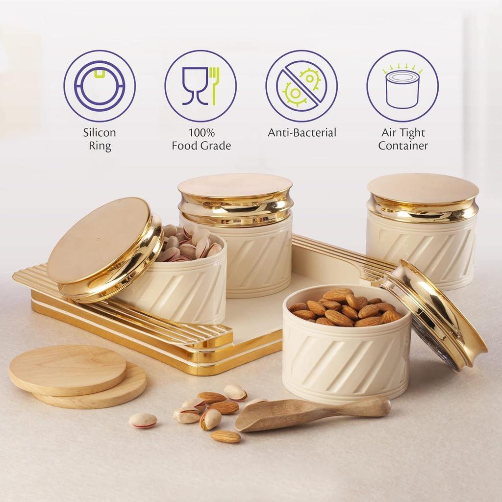 Tight Dry Fruit Container Tray Set with Lid & Serving Tray, Airtight Container Set 430ml (4 Pieces, Polypropylene) (Elegance Ivory)