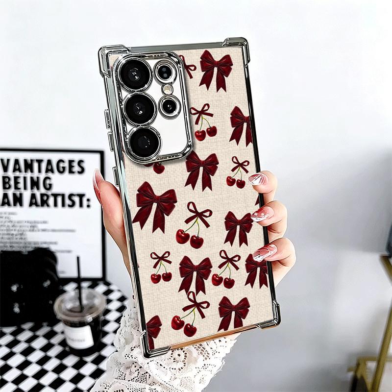 

Cherry Bow Sweet Soft Phone Case For Samsung Galaxy S26 Ultra S25 Edge S24 FE S23 Plus S22 S21 + S20 Plating Anti-Fall Fundas Samsung S26