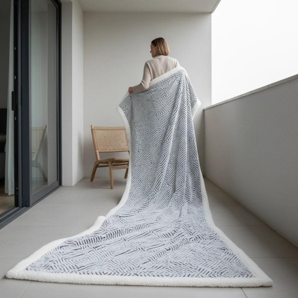 Double-Layer Reversible Nordic Throw Blanket Minimalist Flannel Sherpa For Bedroom Living Room.