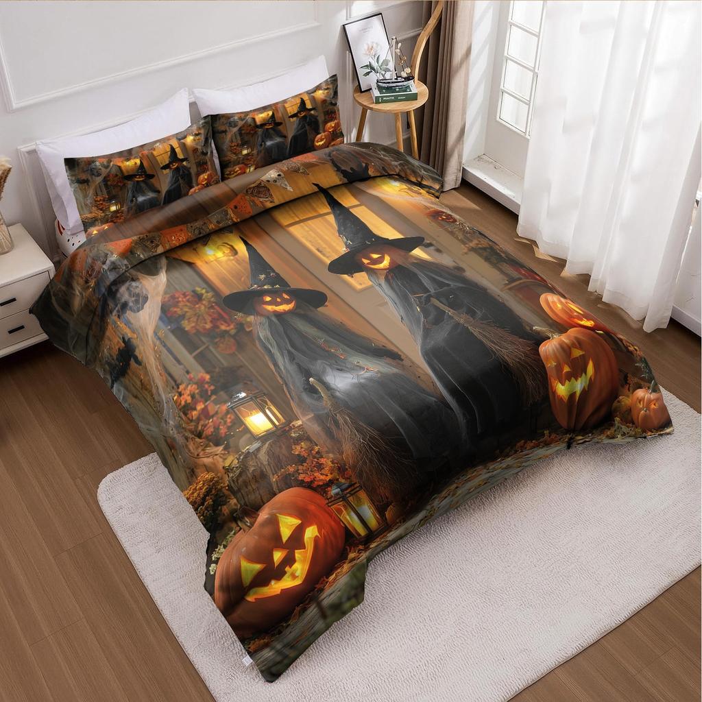 3pcs Christmas Duvet Cover Set without Core Quilt Cover with 2 PillowcasesSoft and Machine Washable Halloween Themed Bedding