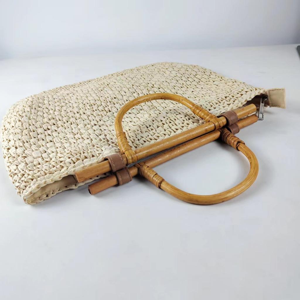 Bolsa de Palha com Alça de Madeira Feita à Mão com Corda de Papel Bolsas de Mão Tecidas Boêmia Bali Sacolas de Viagem para Praia para Mulheres Sacola Tote Vazada