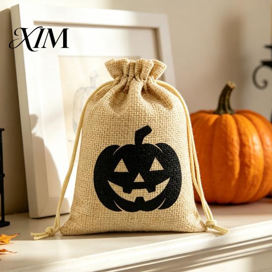 Natural Jute Gift Packaging Halloween Burlap Treat Bags, Pumpkin Ghost Bat Spider Witch Print Drawstring Party Favors Candy Pouches for Cookies Snacks