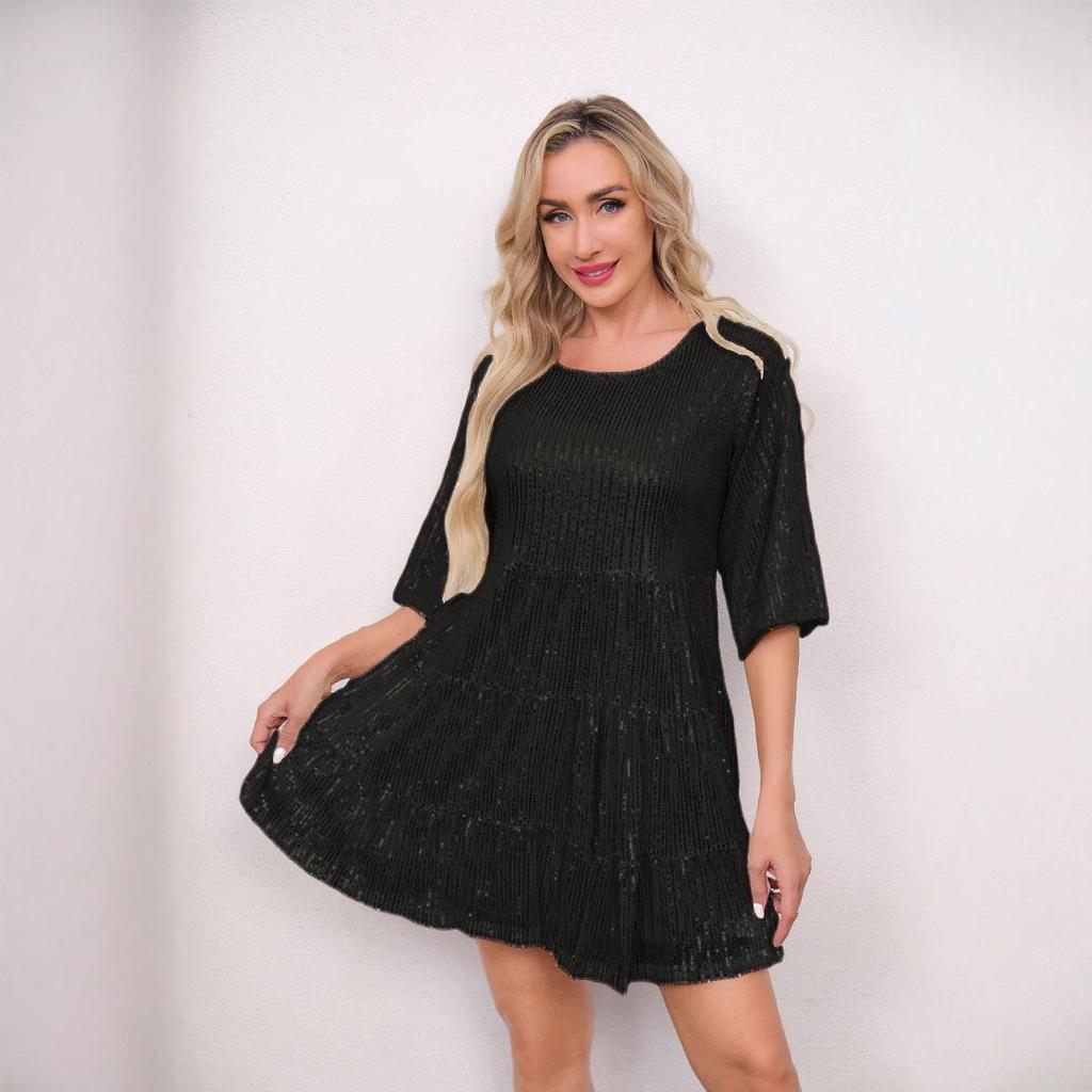 New Hot Style Fashion Sequin Dress: Solid Color, Loose Waist, Short Sleeve Skirt for Banquets