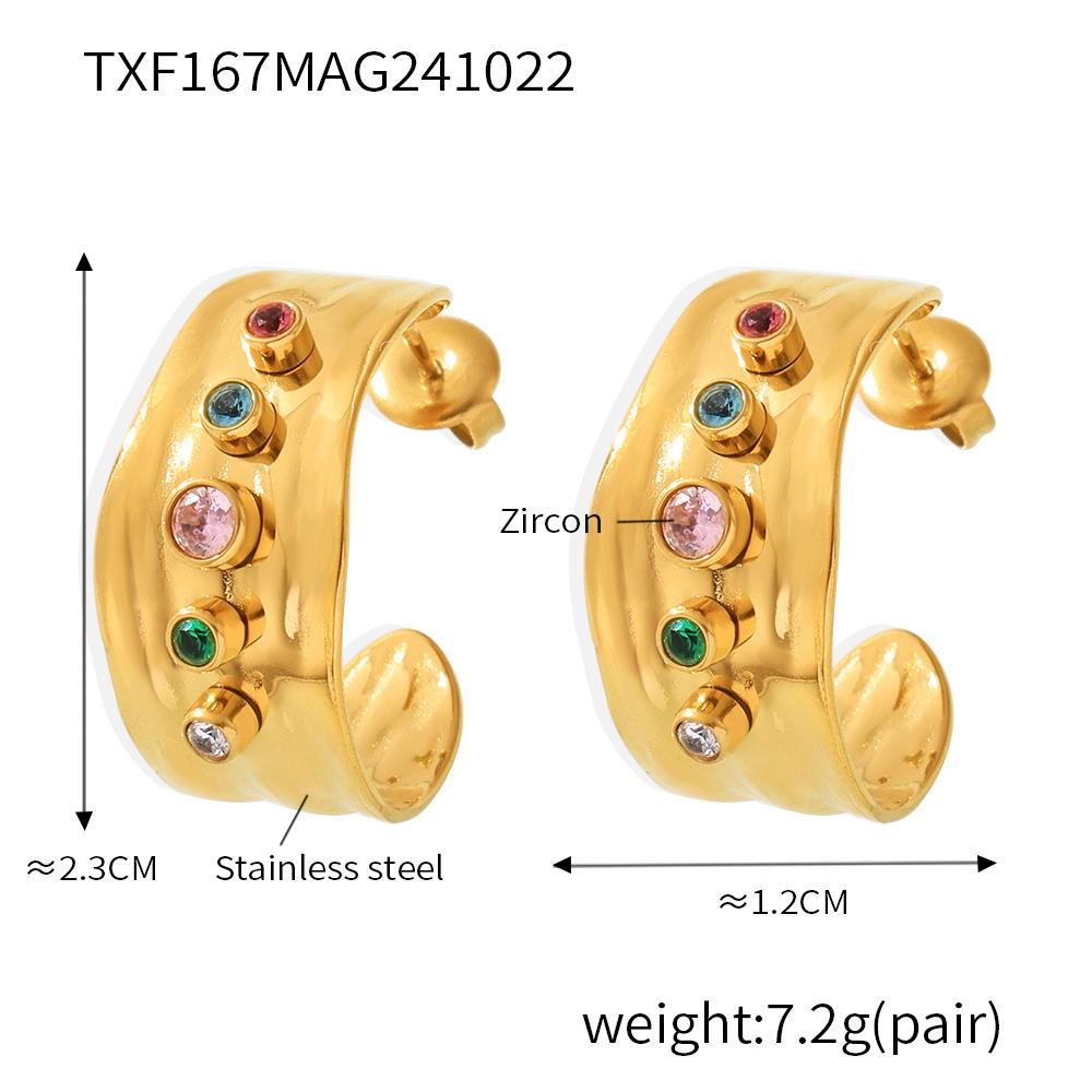 Multi Color Zircon Ring And Same Style Earrings In Stainless Steel 18k Gold Plated Wide Rings C Shape Stud Earring For Women