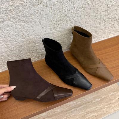 French Retro Suede Huge Good-looking Short Boots Women's Fashion Foreign Low-heeled Small Ankle Boots Square Head Elastic Thin Boots Women
