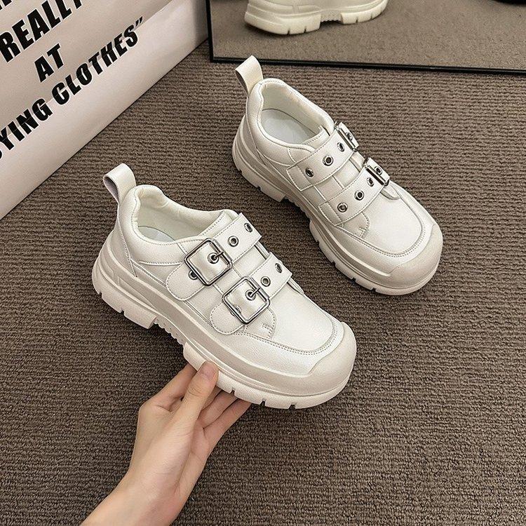 Buckle Small Leather Shoes for Women Autumn New Thick Bottom Heightened Single Layer Shoes Women Sweet Cool Color Matching Pu Set Feet Loafers