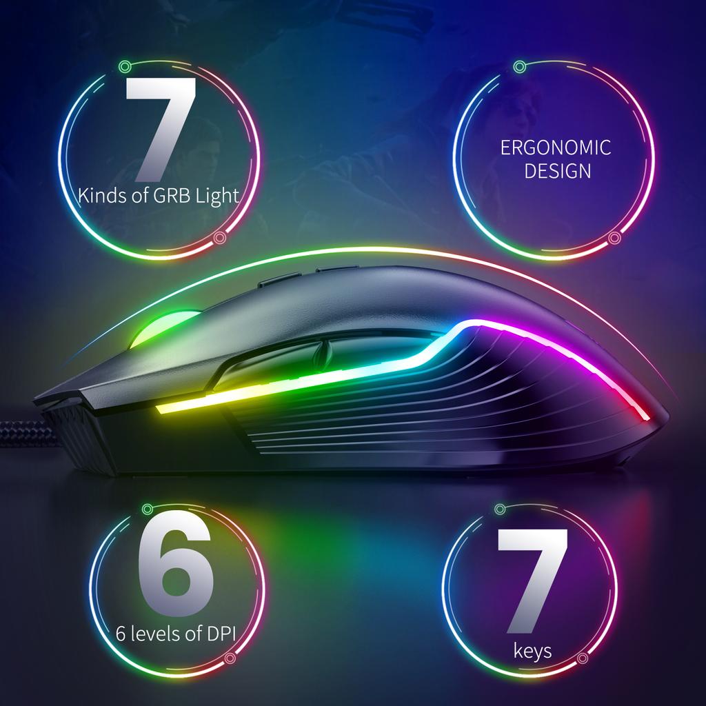CW905 RGB Gaming-Maus Kabelgebunden mit RGB-Hintergrundbeleuchtung, 6 einstellbare DPI bis zu 6400, Ergonomische Gamer-Laptop-PC-Maus mit 7 programmierbaren Tasten
