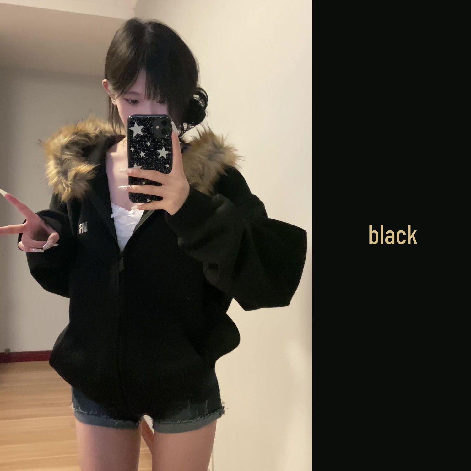 Женская толстовка с меховым воротником 2025: Ретро Американская Модная Кардиган-Куртка Осень/Зима S 60-85 kg