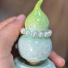 Pearlescent Iridescent Double Fortune & Longevity Gourd Ornament with Blue Porcelain Base - Hand-painted Gradient for Birthday or Housewarming Gift