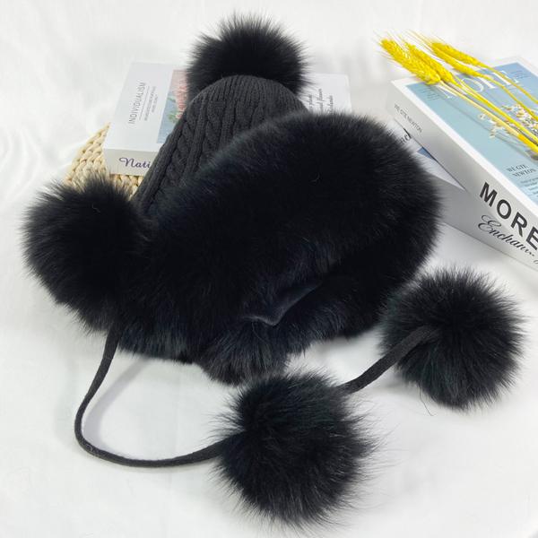 Winter Hats Women Natural Fox Fur Fuffy Warm Fashion Stylish Knitted Pompom Girls Fur Hat