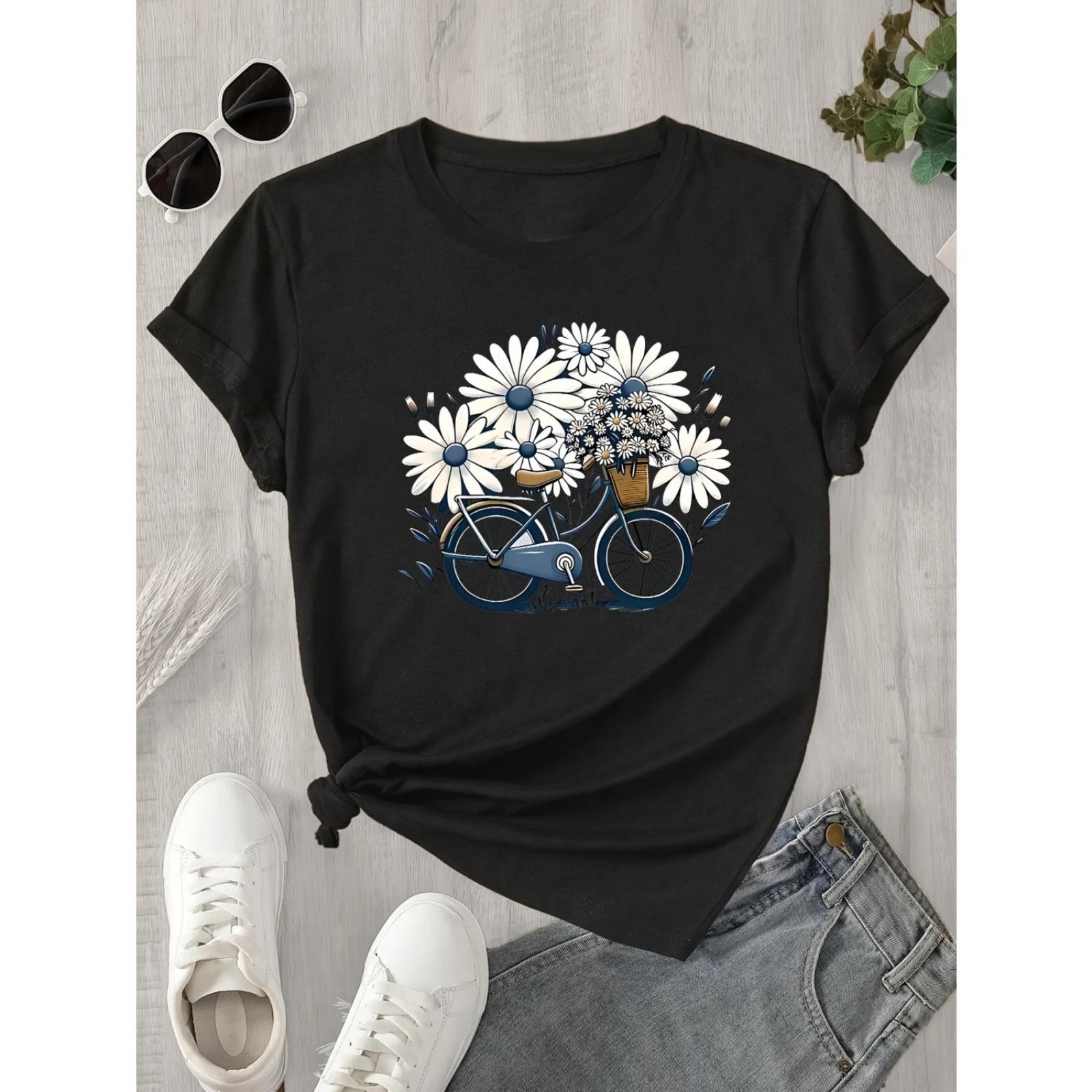 

Breathable Spring Summer Machine Washable Regular Natureinspired Design Women s Casual Short Sleeve T-Shirt Bicycle Print XXXXXL