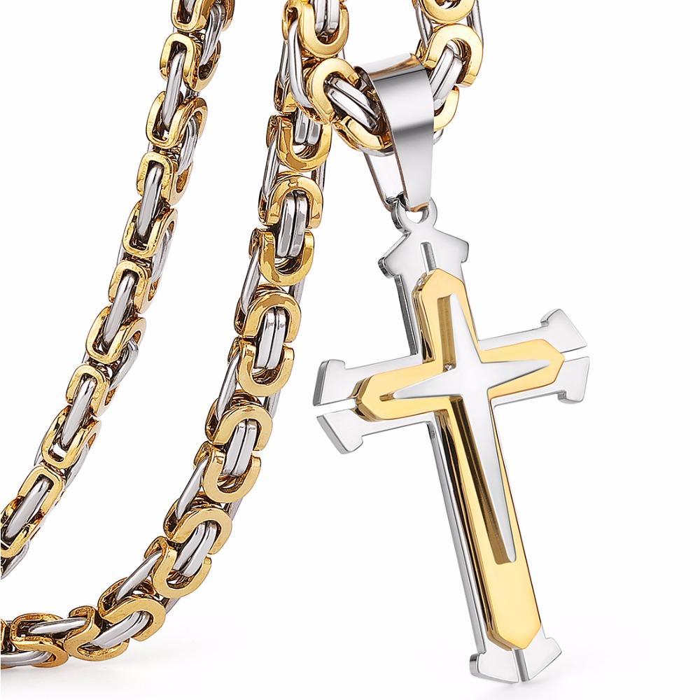 Stainless Steel Pendant Necklace 3 Layer Knight Cross  Silver Color Strong Byzantine Chain Mens Fashion Jewelry Fathers Gift