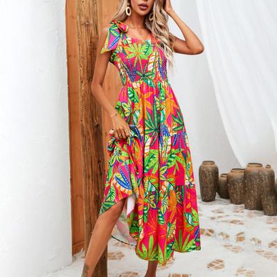Women's Summer Ethnic Printed Sleeve High Waist A Line Lace Up Dress