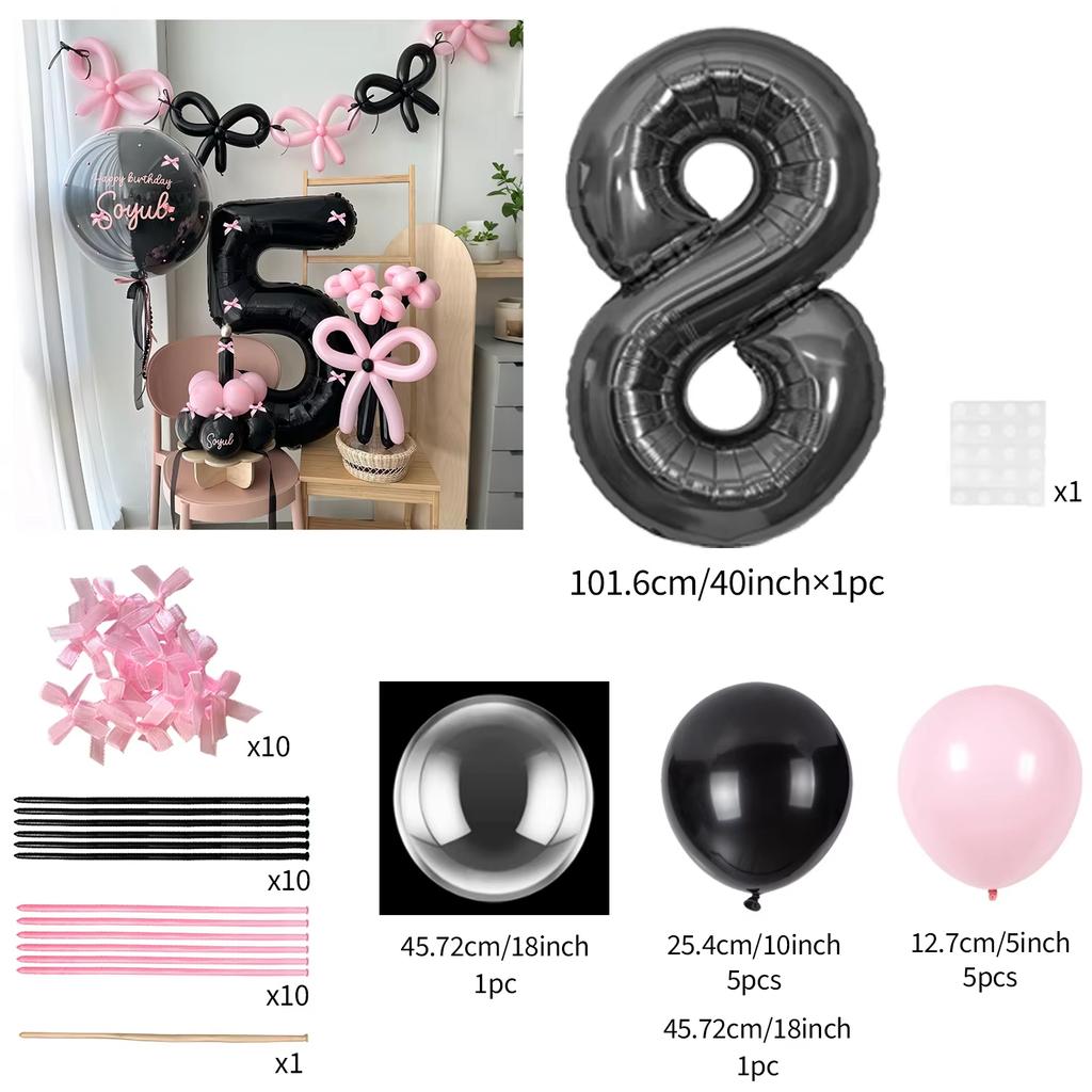 45 Pieces Pink Latex Balloon Black Number Balloon Set for Girls Pink Butterfly Birthday Party, Anniversary Decoration (0-9)