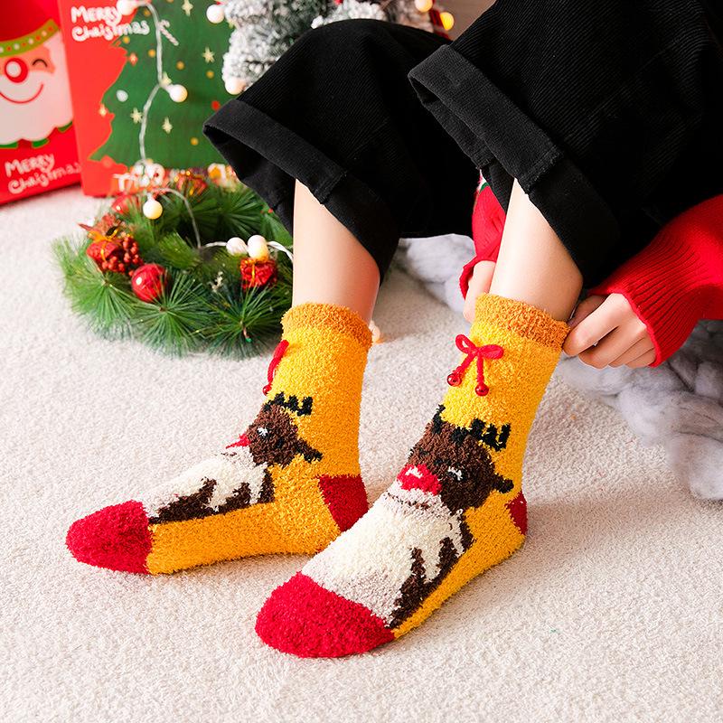 Cozy Coral Fleece Santa Socks with Bow & Bell - Mid-Calf Christmas Gift for Couples
