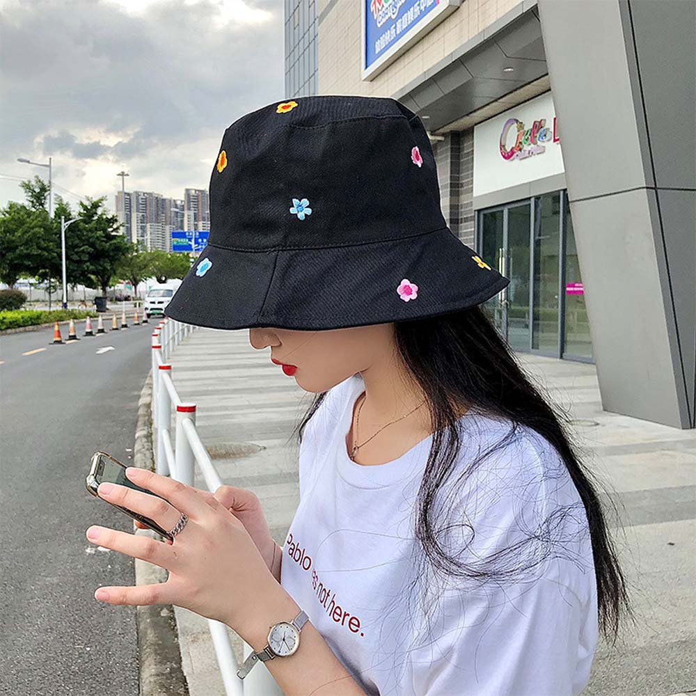 Casual Style Beach Embroidery Cotton For Women Girl Visor Cap Bucket Hat Sun Protection Sun Cap