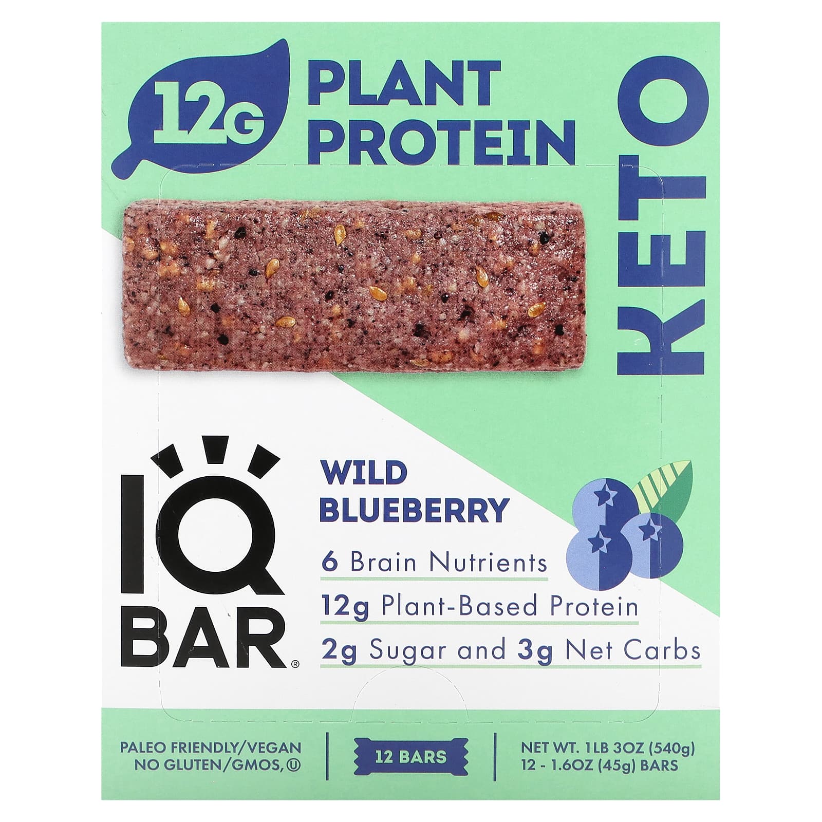 

IQBAR, Plant Protein Bar, Wild Blueberry, 12 bars, 1.6 oz (45 g) each
