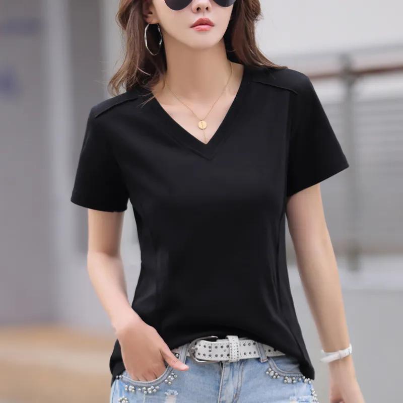 Women Soft White Cotton V Neck T Shirt Short Sleeve Summer Casual Top