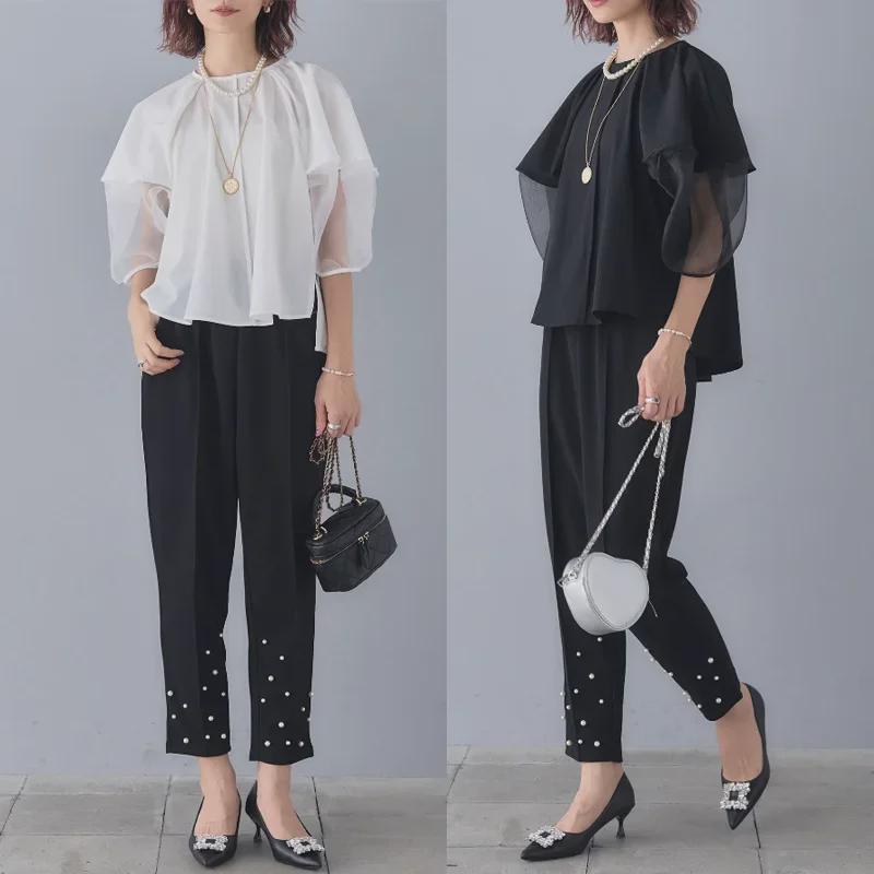 Pearl Decorated Women's Drawstring Suit Pants for Spring & Summer
