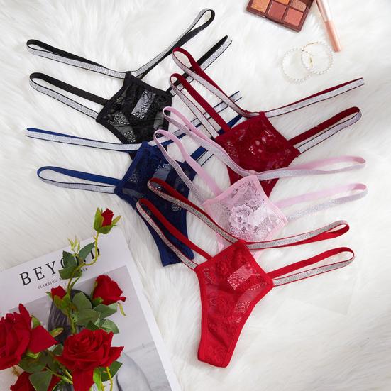 Sexy ženy Tanga G-string Nízký pas Průhledný Průsvitný Dutý Květinová Krajka Drahokamy Ramínka Prodyšné Měkké Dámské Spodní prádlo Krátké kalhotky