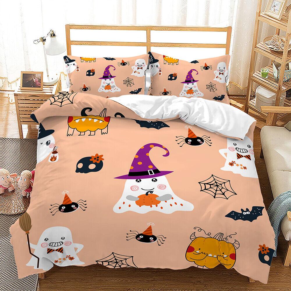 Pumpkin Lantern Halloween Ghost Witch Black Cat Doona Duvet Quilt Cover Bed Set